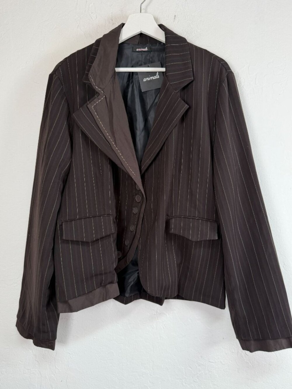 Animale Women's Brown Pinstripe Crop Blazer Jacket 14 Asymmetric Button NWT $188